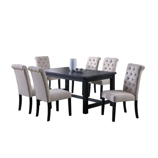 English Elm Leviton Distressed Antique Wood Rectangular Dining Set Seats Six with Tufted Chairs Tan T2574S00394