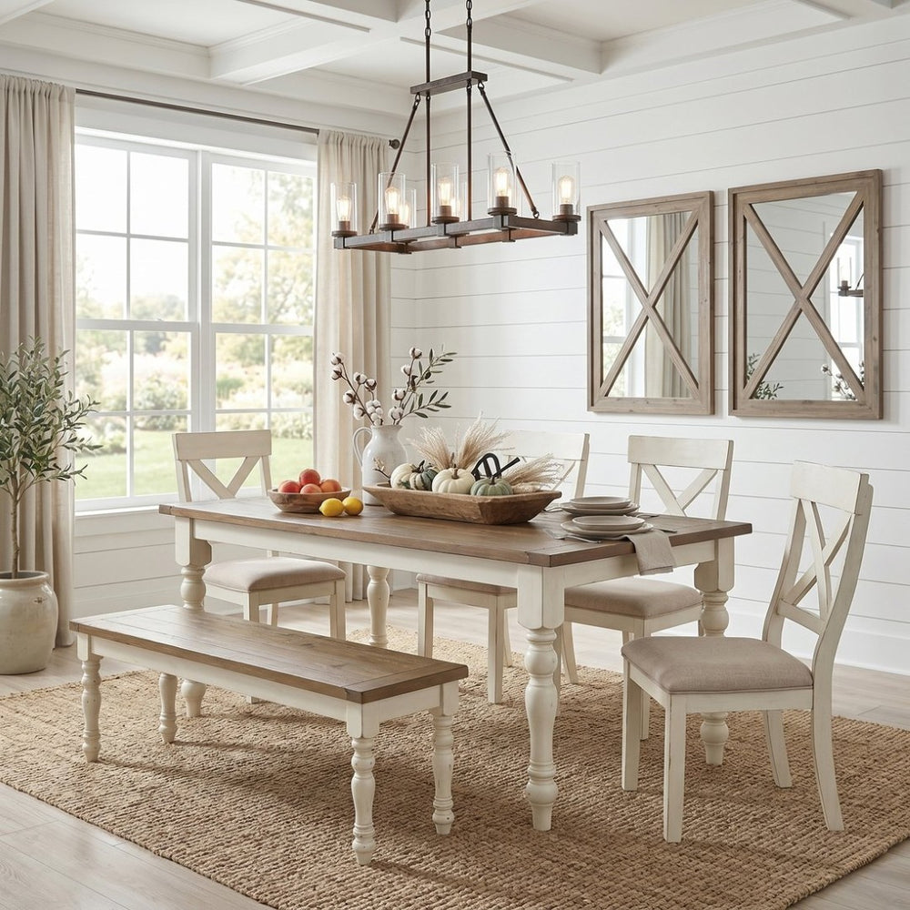English Elm Prato Farmhouse Six Seat Dining Set with Cross Back Chairs Bench and Oak Top T2574S00396