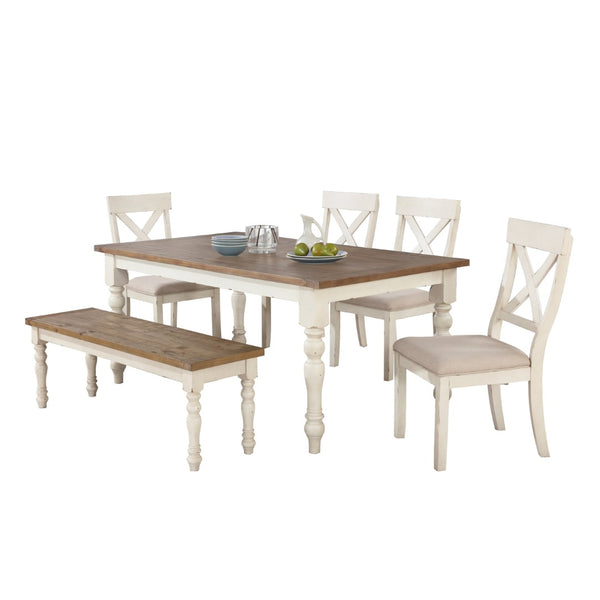 English Elm Prato Farmhouse Six Seat Dining Set with Cross Back Chairs Bench and Oak Top T2574S00396