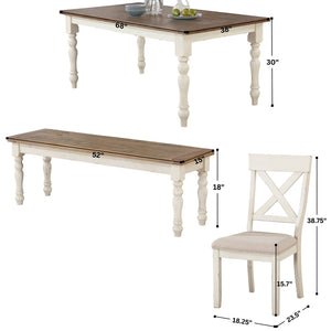 English Elm Prato Farmhouse Six Seat Dining Set with Cross Back Chairs Bench and Oak Top T2574S00396
