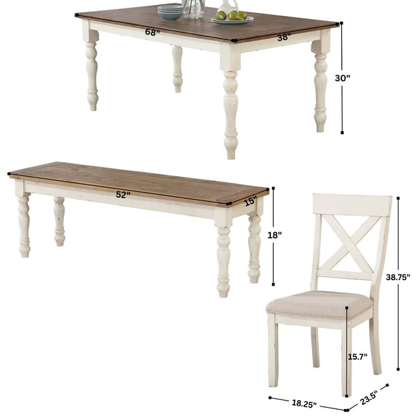 English Elm Prato Farmhouse Six Seat Dining Set with Cross Back Chairs Bench and Oak Top T2574S00396