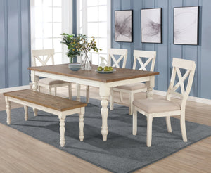 English Elm Prato Farmhouse Six Seat Dining Set with Cross Back Chairs Bench and Oak Top T2574S00396