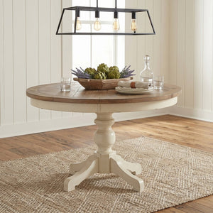 English Elm Prato Farmhouse Round Pedestal Dining Table Seats Four with Carved Wood Base T2574S00397