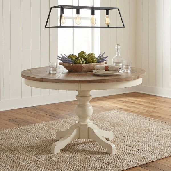 English Elm Prato Farmhouse Round Pedestal Dining Table Seats Four with Carved Wood Base T2574S00397