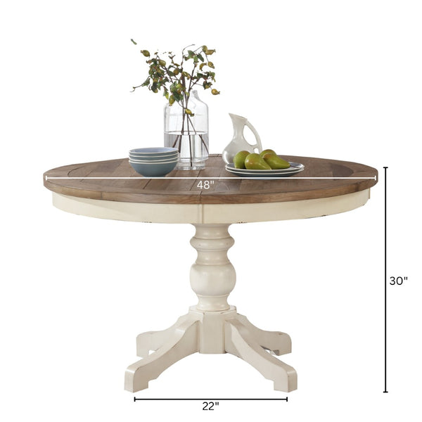 English Elm Prato Farmhouse Round Pedestal Dining Table Seats Four with Carved Wood Base T2574S00397