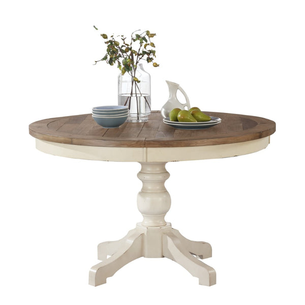 English Elm Prato Farmhouse Round Pedestal Dining Table Seats Four with Carved Wood Base T2574S00397