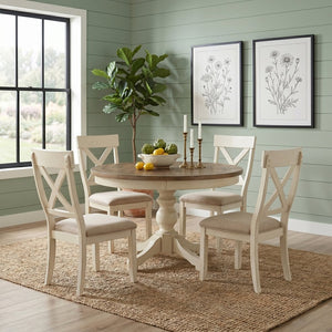 English Elm Prato Farmhouse Round Pedestal Dining Table Seats Four with Carved Wood Base T2574S00397