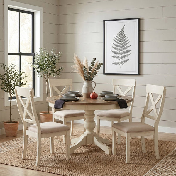 English Elm Prato Farmhouse Round Pedestal Dining Table Seats Four with Carved Wood Base T2574S00397