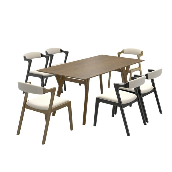 English Elm Lavin 7 Piece Rectangular Walnut Rubberwood Dining Set with Six Upholstered Chairs Walnut Table, Black Chairs - A T2574S00400