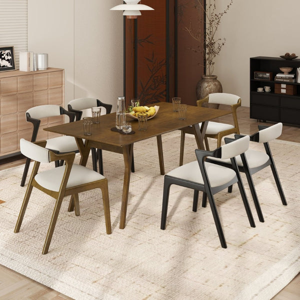 English Elm Lavin 7 Piece Rectangular Walnut Rubberwood Dining Set with Six Upholstered Chairs Walnut Table, Black Chairs - A T2574S00400