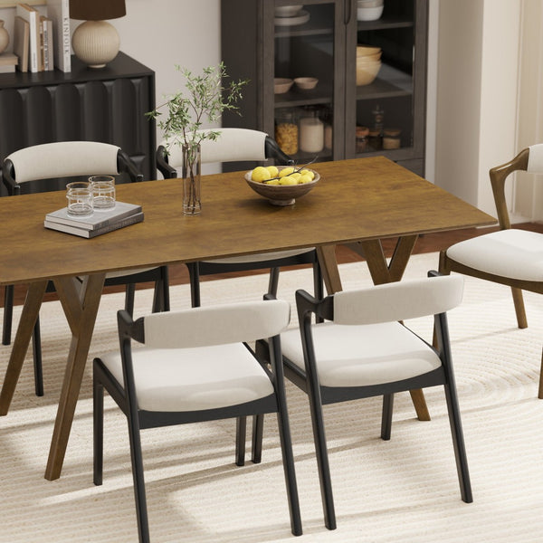 English Elm Lavin 7 Piece Rectangular Walnut Rubberwood Dining Set with Six Upholstered Chairs Walnut Table, Black Chairs - A T2574S00400