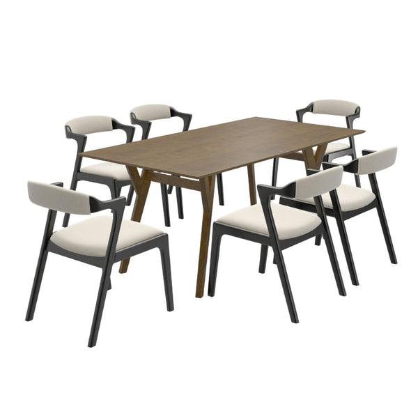 English Elm Lavin 7 Piece Rectangular Walnut Rubberwood Dining Set with Six Upholstered Chairs Walnut Table, Black Chairs - B T2574S00401