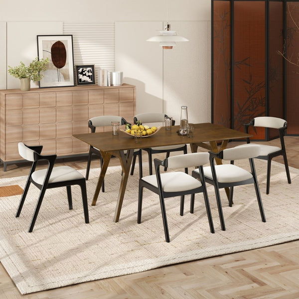 English Elm Lavin 7 Piece Rectangular Walnut Rubberwood Dining Set with Six Upholstered Chairs Walnut Table, Black Chairs - B T2574S00401
