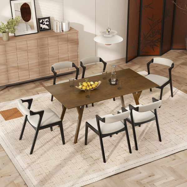 English Elm Lavin 7 Piece Rectangular Walnut Rubberwood Dining Set with Six Upholstered Chairs Walnut Table, Black Chairs - B T2574S00401