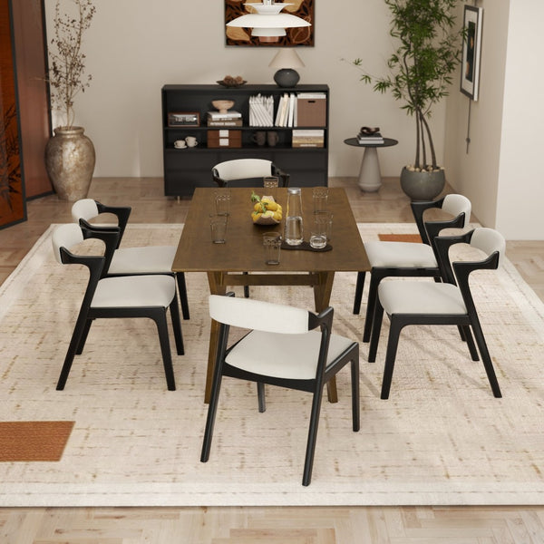 English Elm Lavin 7 Piece Rectangular Walnut Rubberwood Dining Set with Six Upholstered Chairs Walnut Table, Black Chairs - B T2574S00401