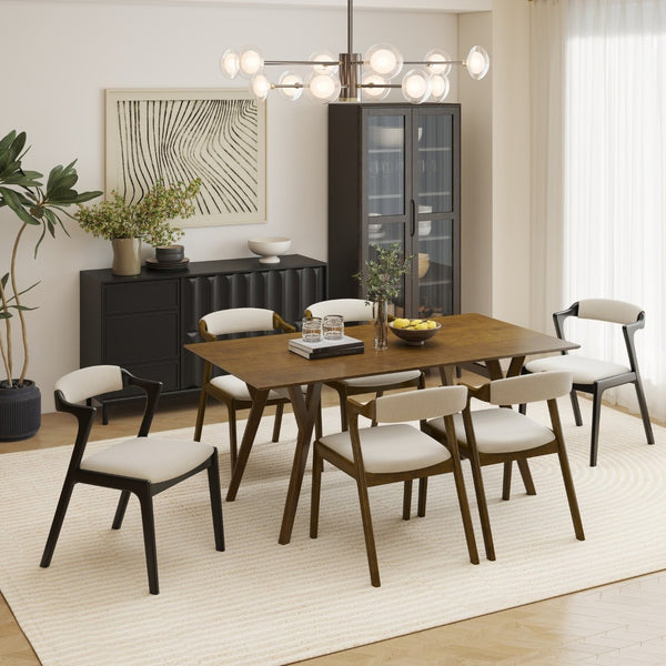 English Elm Lavin 7 Piece Rectangular Walnut Rubberwood Dining Set with Six Upholstered Chairs Walnut Table, Black Chairs - C T2574S00403