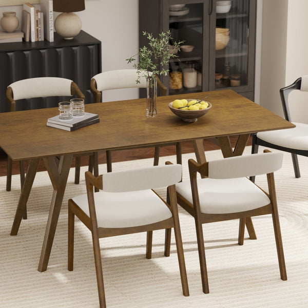 English Elm Lavin 7 Piece Rectangular Walnut Rubberwood Dining Set with Six Upholstered Chairs Walnut Table, Black Chairs - C T2574S00403