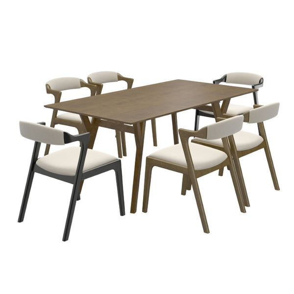 English Elm Lavin 7 Piece Rectangular Walnut Rubberwood Dining Set with Six Upholstered Chairs Walnut Table, Black Chairs - C T2574S00403