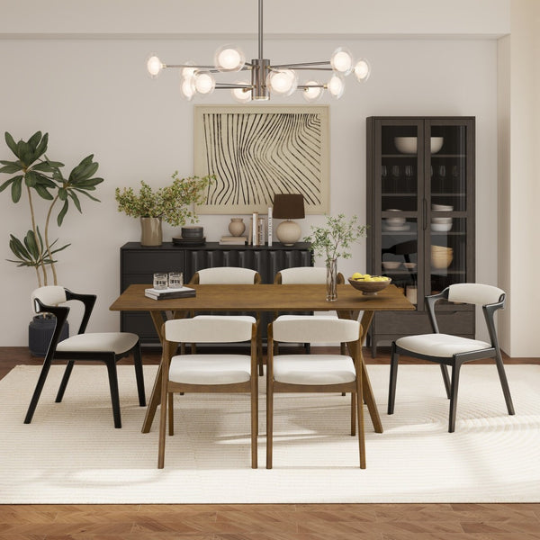 English Elm Lavin 7 Piece Rectangular Walnut Rubberwood Dining Set with Six Upholstered Chairs Walnut Table, Black Chairs - C T2574S00403