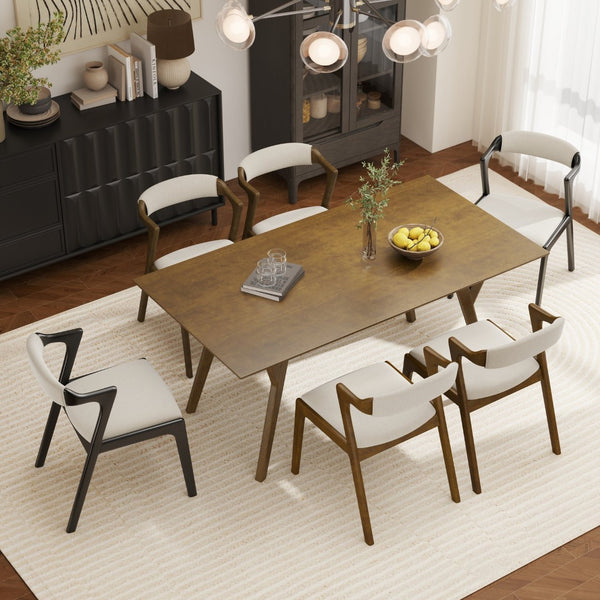 English Elm Lavin 7 Piece Rectangular Walnut Rubberwood Dining Set with Six Upholstered Chairs Walnut Table, Black Chairs - C T2574S00403
