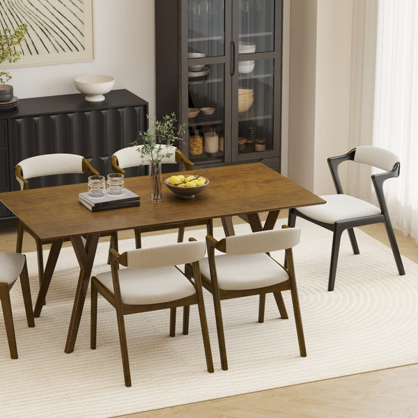 English Elm Lavin 7 Piece Rectangular Walnut Rubberwood Dining Set with Six Upholstered Chairs Walnut Table, Black Chairs - C T2574S00403