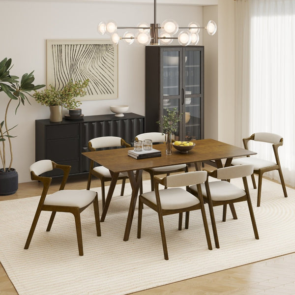 English Elm Lavin 7 Piece Rectangular Walnut Rubberwood Dining Set with Six Upholstered Chairs Walnut Table, Walnut Chairs T2574S00404