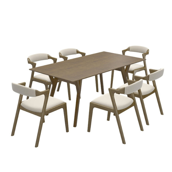 English Elm Lavin 7 Piece Rectangular Walnut Rubberwood Dining Set with Six Upholstered Chairs Walnut Table, Walnut Chairs T2574S00404