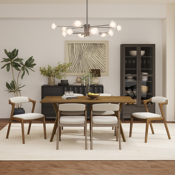 English Elm Lavin 7 Piece Rectangular Walnut Rubberwood Dining Set with Six Upholstered Chairs Walnut Table, Walnut Chairs T2574S00404