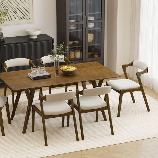 English Elm Lavin 7 Piece Rectangular Walnut Rubberwood Dining Set with Six Upholstered Chairs Walnut Table, Walnut Chairs T2574S00404