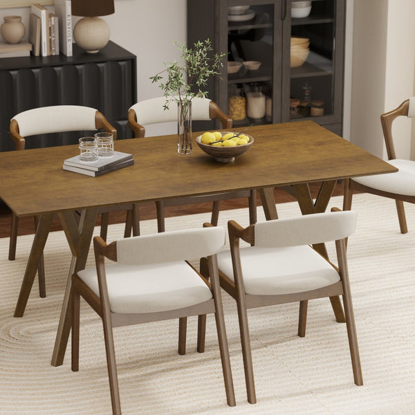 English Elm Lavin 7 Piece Rectangular Walnut Rubberwood Dining Set with Six Upholstered Chairs Walnut Table, Walnut Chairs T2574S00404