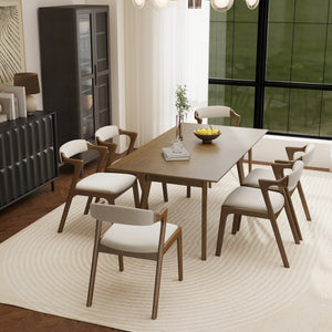 English Elm Lavin 7 Piece Rectangular Walnut Rubberwood Dining Set with Six Upholstered Chairs Walnut Table, Walnut Chairs T2574S00404