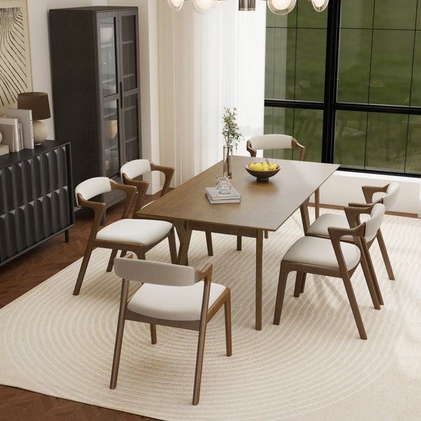English Elm Lavin 7 Piece Rectangular Walnut Rubberwood Dining Set with Six Upholstered Chairs Walnut Table, Walnut Chairs T2574S00404
