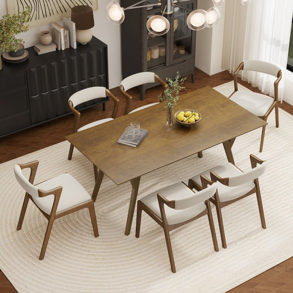English Elm Lavin 7 Piece Rectangular Walnut Rubberwood Dining Set with Six Upholstered Chairs Walnut Table, Walnut Chairs T2574S00404