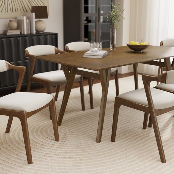English Elm Lavin 7 Piece Rectangular Walnut Rubberwood Dining Set with Six Upholstered Chairs Walnut Table, Walnut Chairs T2574S00404