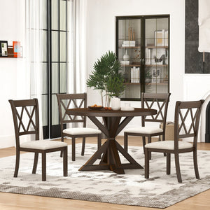 English Elm Indvale Round Pedestal Dining Set Seats Four with Cross-back Chairs in Espresso Wood T2574S00409