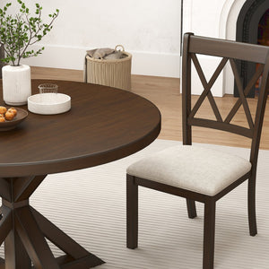 English Elm Indvale Round Pedestal Dining Set Seats Four with Cross-back Chairs in Espresso Wood T2574S00409