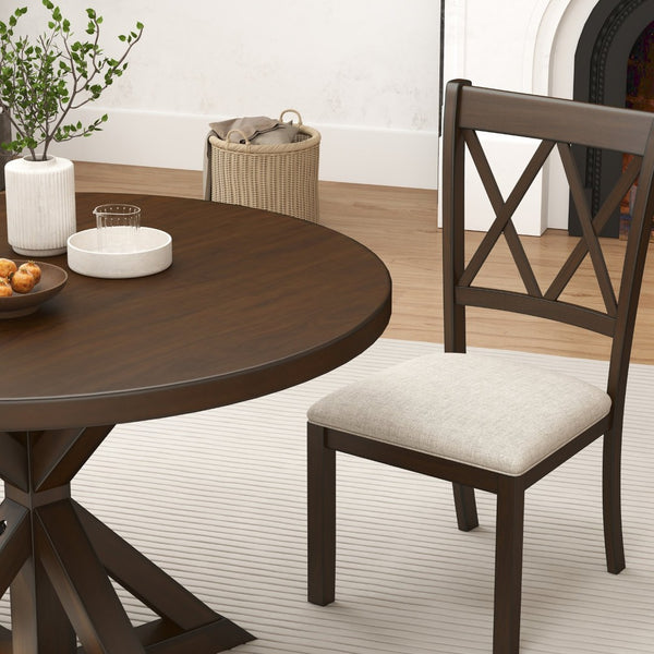 English Elm Indvale Round Pedestal Dining Set Seats Four with Cross-back Chairs in Espresso Wood T2574S00409
