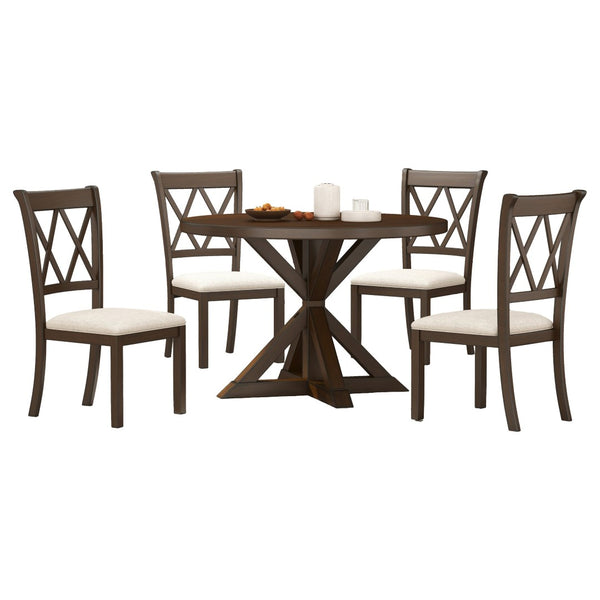 English Elm Indvale Round Pedestal Dining Set Seats Four with Cross-back Chairs in Espresso Wood T2574S00409