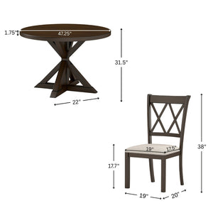 English Elm Indvale Round Pedestal Dining Set Seats Four with Cross-back Chairs in Espresso Wood T2574S00409