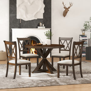 English Elm Indvale Round Pedestal Dining Set Seats Four with Cross-back Chairs in Espresso Wood T2574S00409