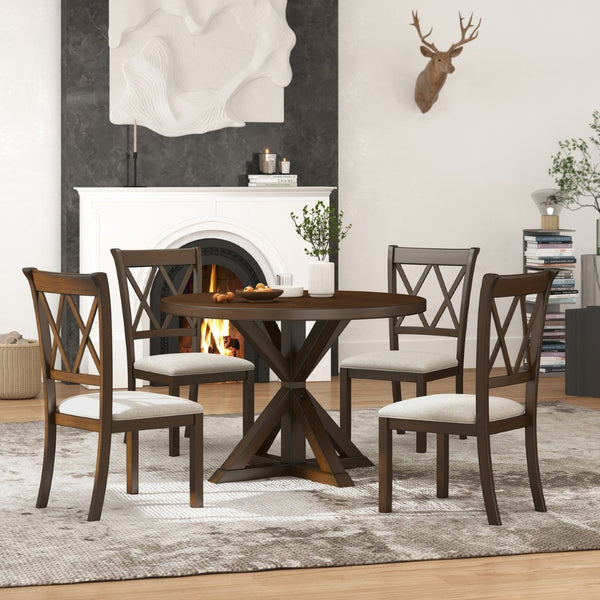 English Elm Indvale Round Pedestal Dining Set Seats Four with Cross-back Chairs in Espresso Wood T2574S00409