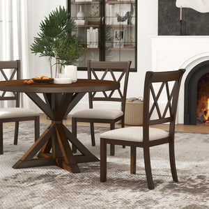 English Elm Indvale Round Pedestal Dining Set Seats Four with Cross-back Chairs in Espresso Wood T2574S00409