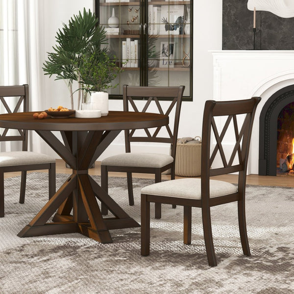 English Elm Indvale Round Pedestal Dining Set Seats Four with Cross-back Chairs in Espresso Wood T2574S00409