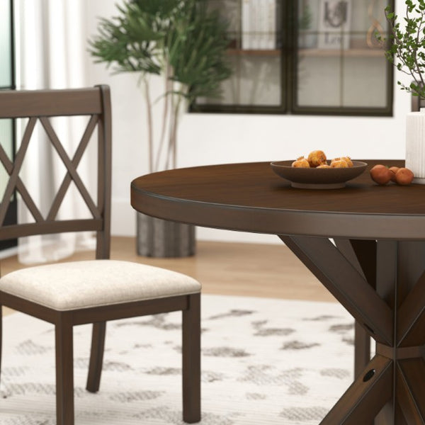 English Elm Indvale Round Pedestal Dining Set Seats Four with Cross-back Chairs in Espresso Wood T2574S00409