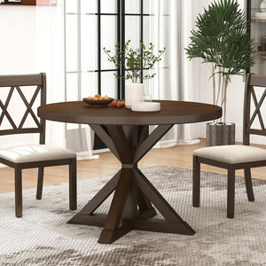 English Elm Indvale Round Pedestal Dining Set Seats Four with Cross-back Chairs in Espresso Wood T2574S00409