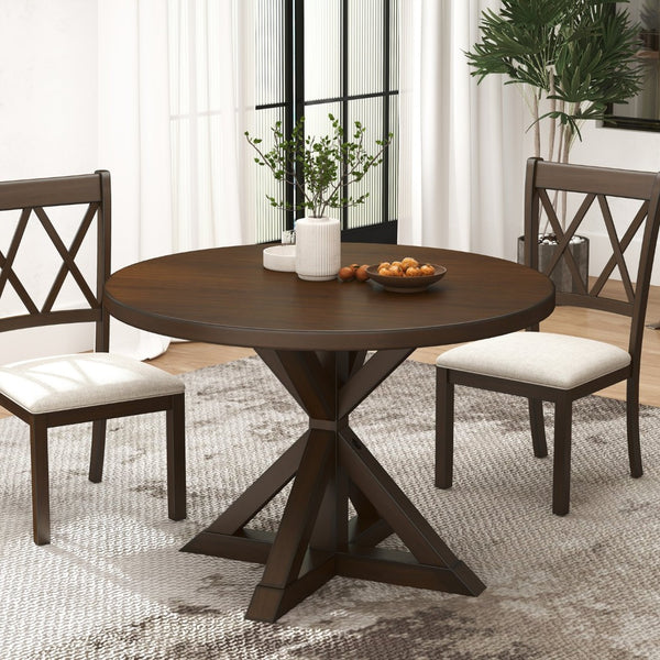English Elm Indvale Round Pedestal Dining Set Seats Four with Cross-back Chairs in Espresso Wood T2574S00409