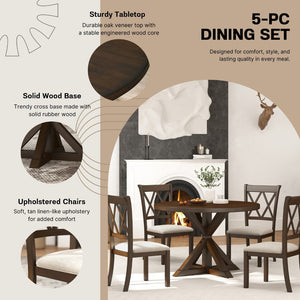 English Elm Indvale Round Pedestal Dining Set Seats Four with Cross-back Chairs in Espresso Wood T2574S00409