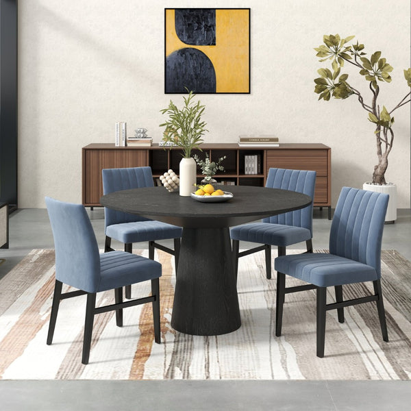 English Elm Butler Round Pedestal Dining Set Seats Four with Channel Tufted Chairs Ebony Finish Blue T2574S00410