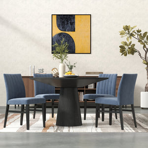English Elm Butler Round Pedestal Dining Set Seats Four with Channel Tufted Chairs Ebony Finish Blue T2574S00410