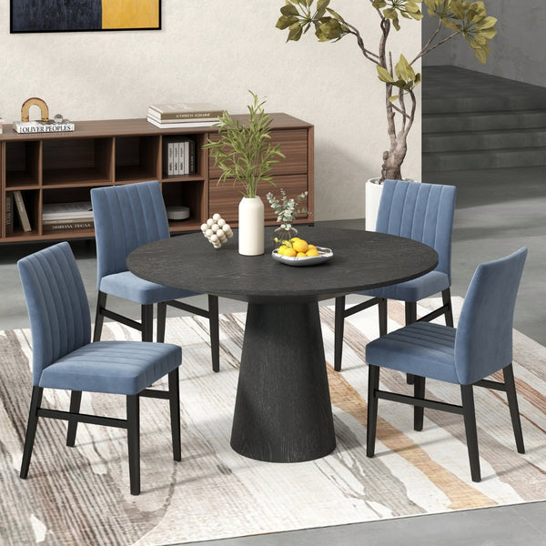English Elm Butler Round Pedestal Dining Set Seats Four with Channel Tufted Chairs Ebony Finish Blue T2574S00410